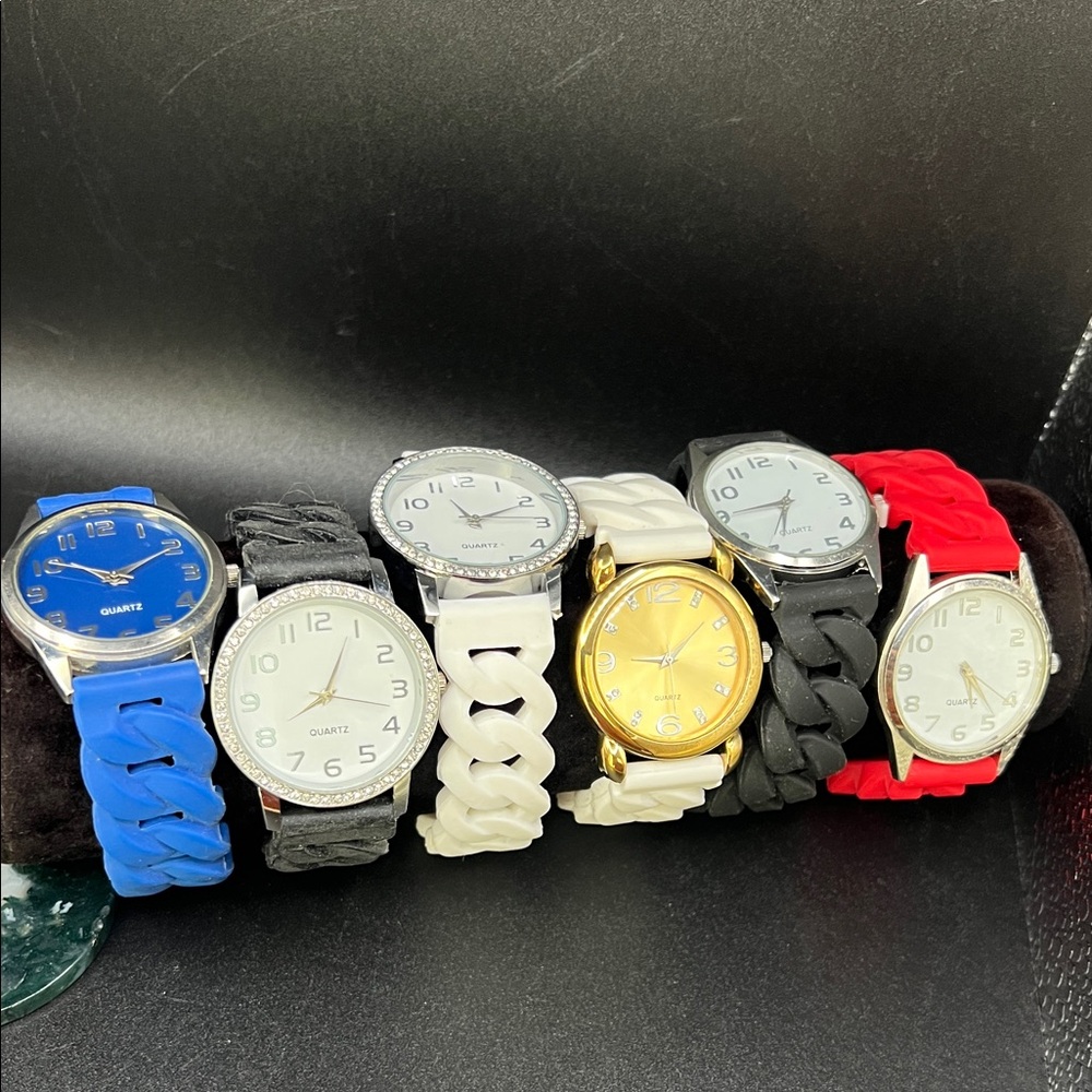 Set of 6 Fashion Silicone Strap Watches - Blue, Black, White, Gold, Red